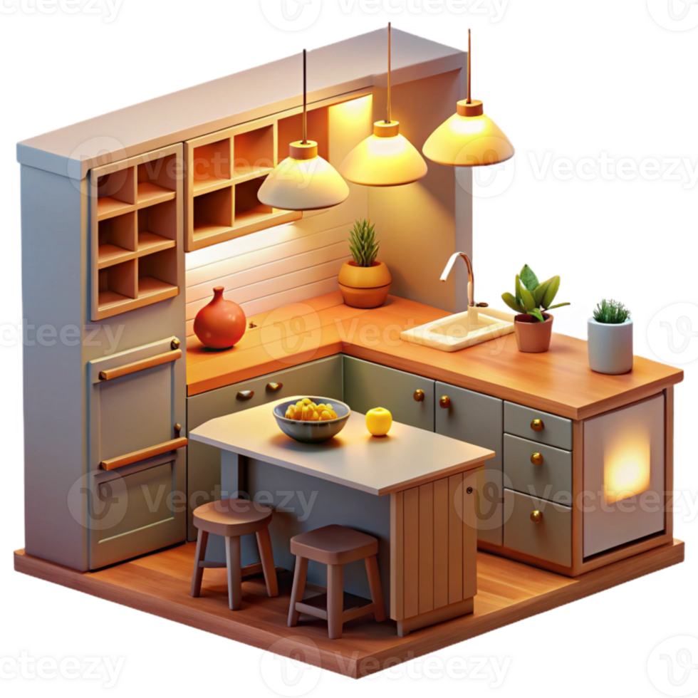 vibrant creative Cozy Kitchen 3D Illustration high resolution png