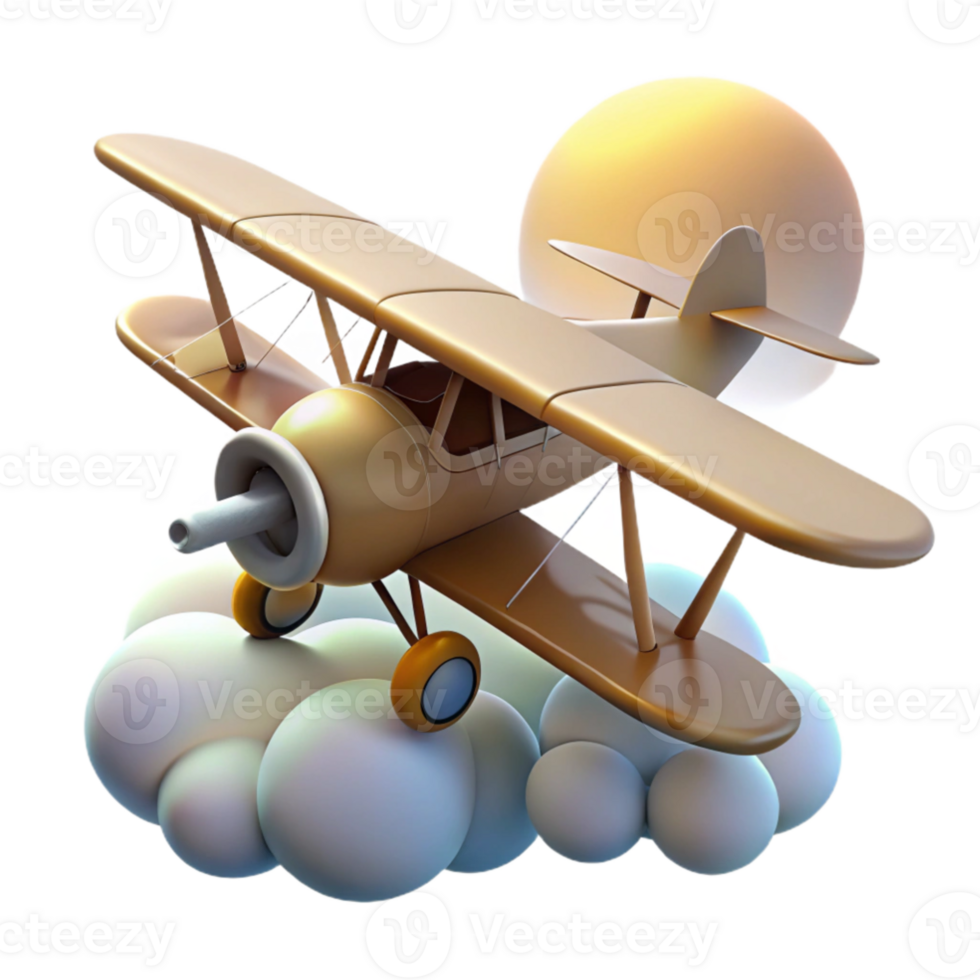 vibrant classic Golden Biplane 3D Render in Clouds high resolution png