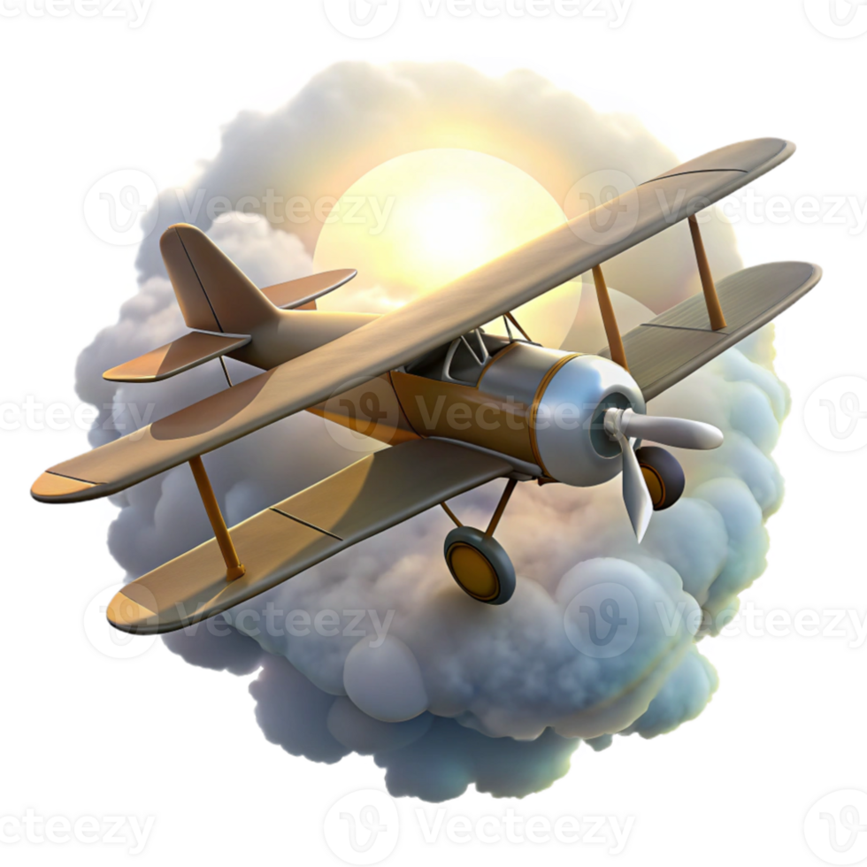 magnificent contemporary Vintage Biplane 3D Render in Clouds premium png