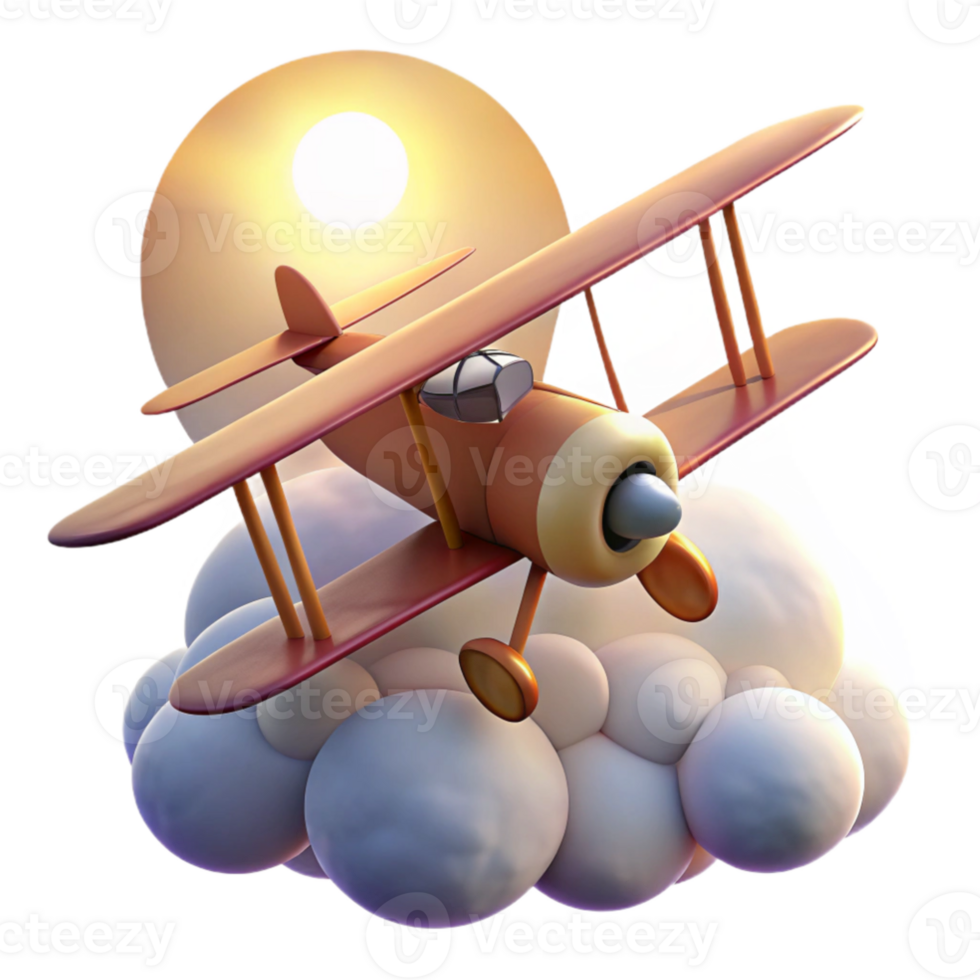 vibrant classic Cartoon Biplane Soaring Above Clouds 3D Render original png
