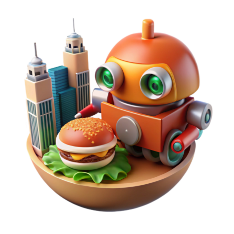 elegant classic Robot, Cityscape, Burger 3D Render authentic png