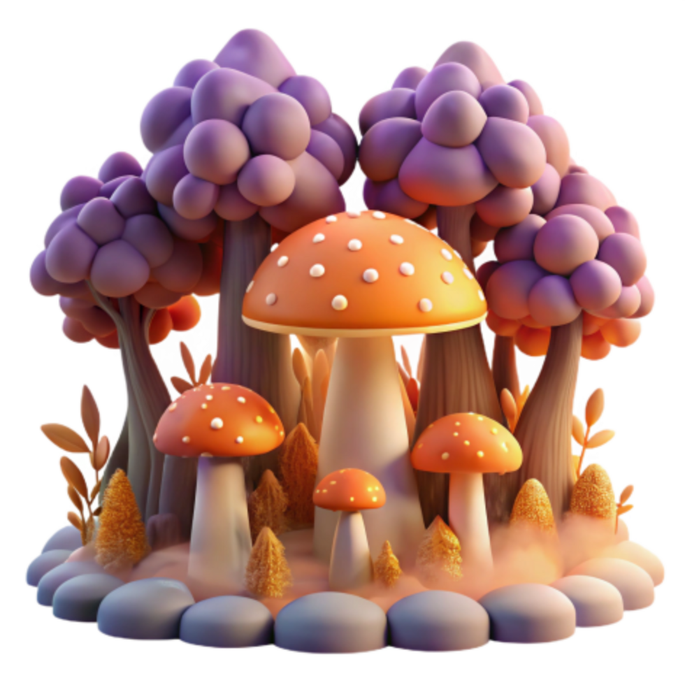 serene creative Enchanted Mushroom Forest 3D Render of Autumnal Fungi detailed png