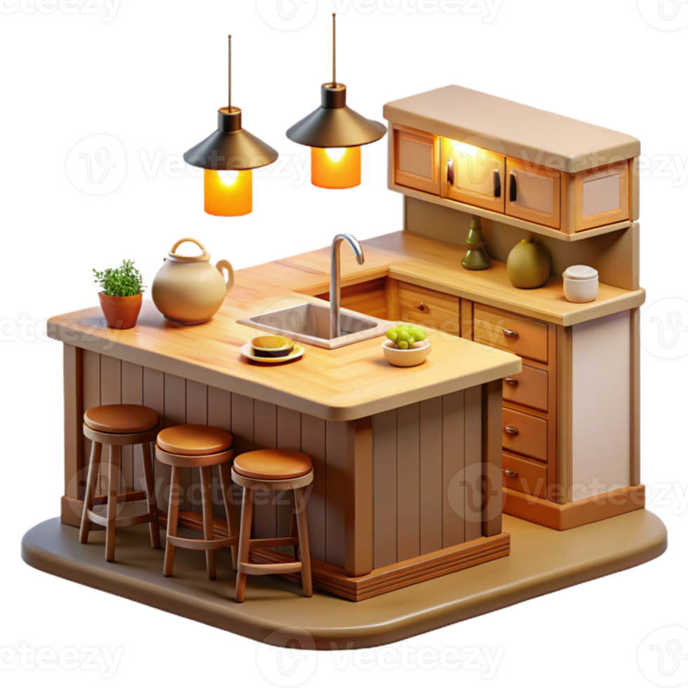 serene classic Cozy Kitchen Island 3D Render high resolution png