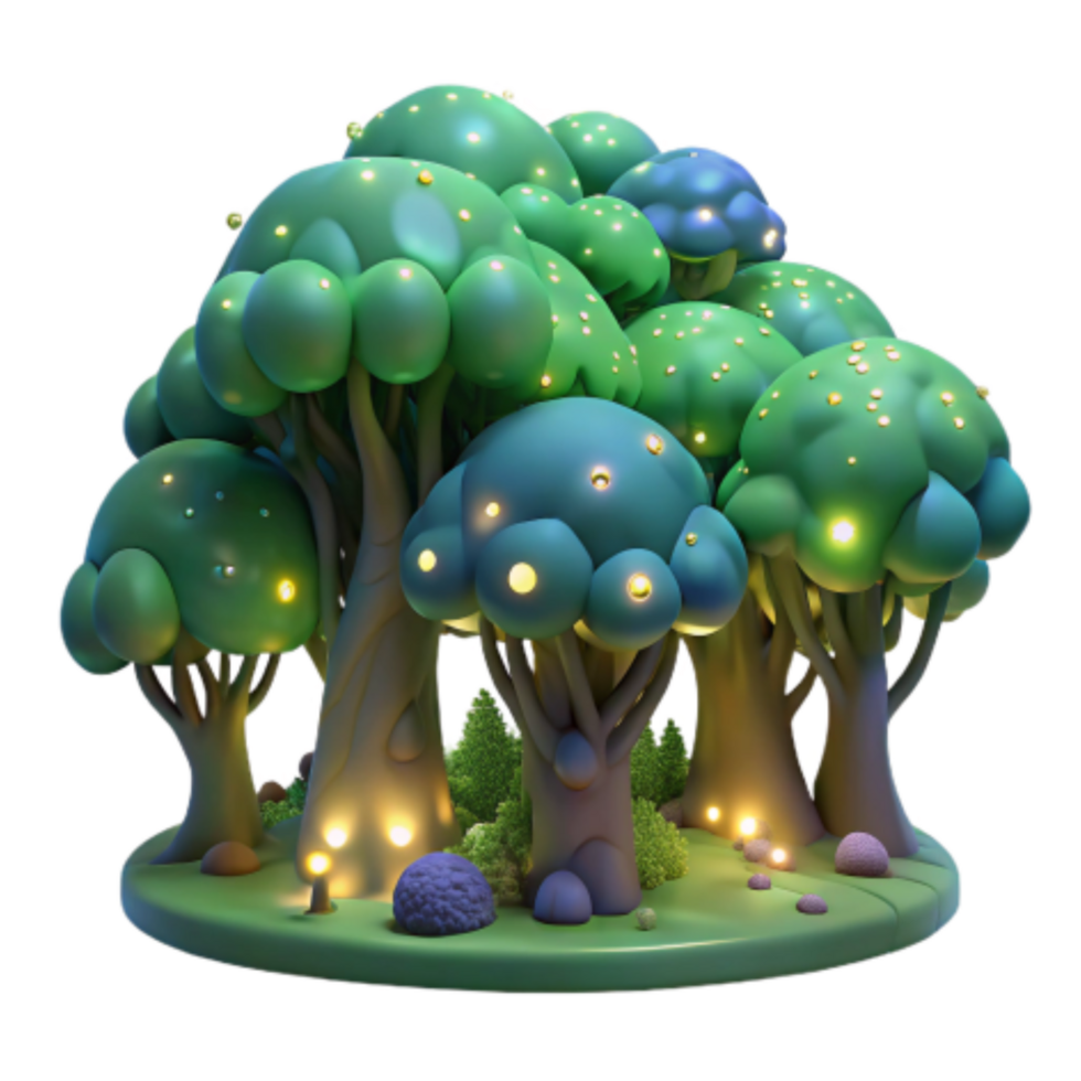 serene abstract Enchanted Glowing Forest 3D Render of Fantasy Trees high resolution png