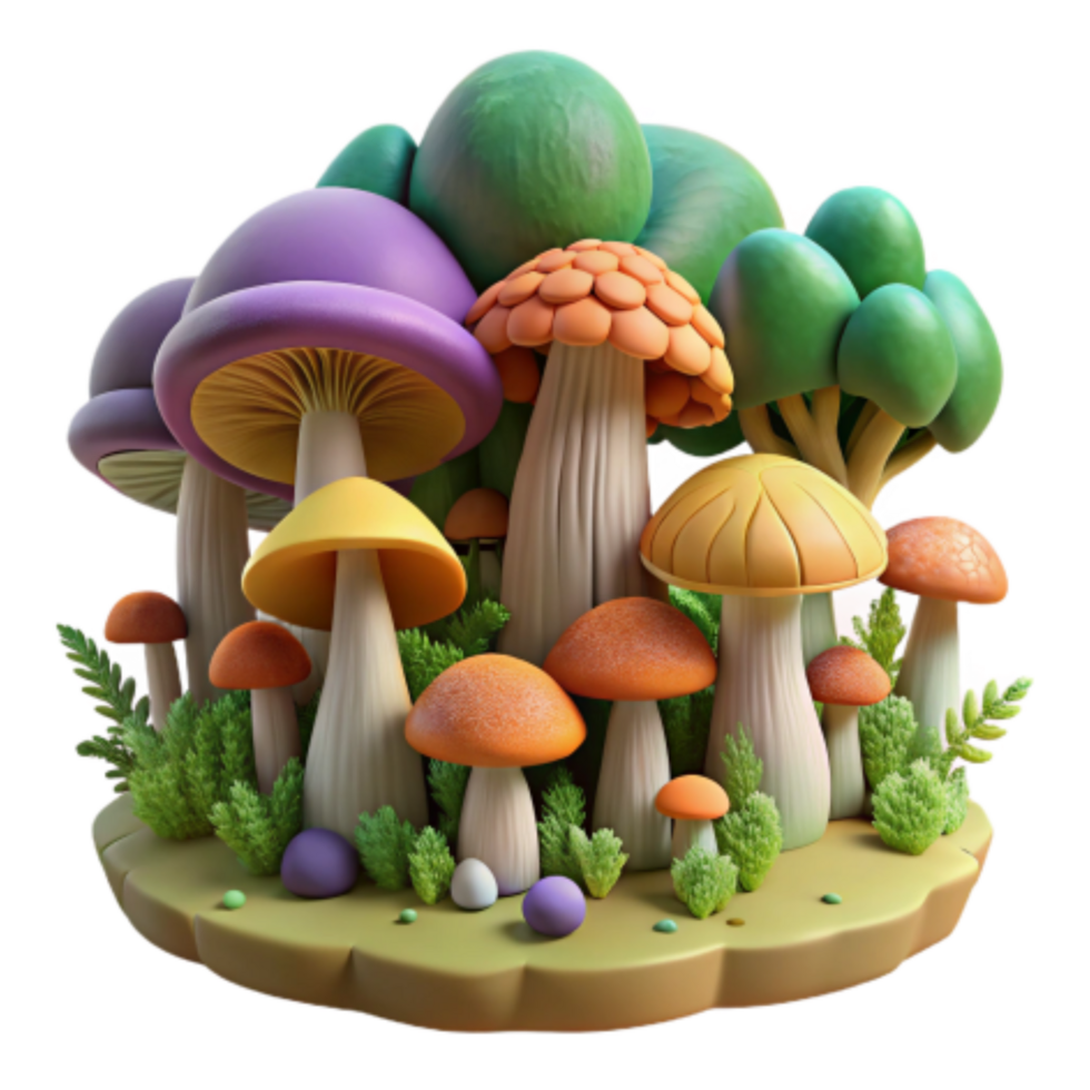 stunning minimalist Enchanted Mushroom Forest Colorful Fungi Illustration detailed png