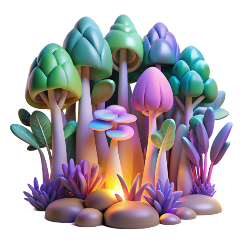 elegant artistic Enchanted 3D Forest Luminescent Mushrooms Trees genuine png