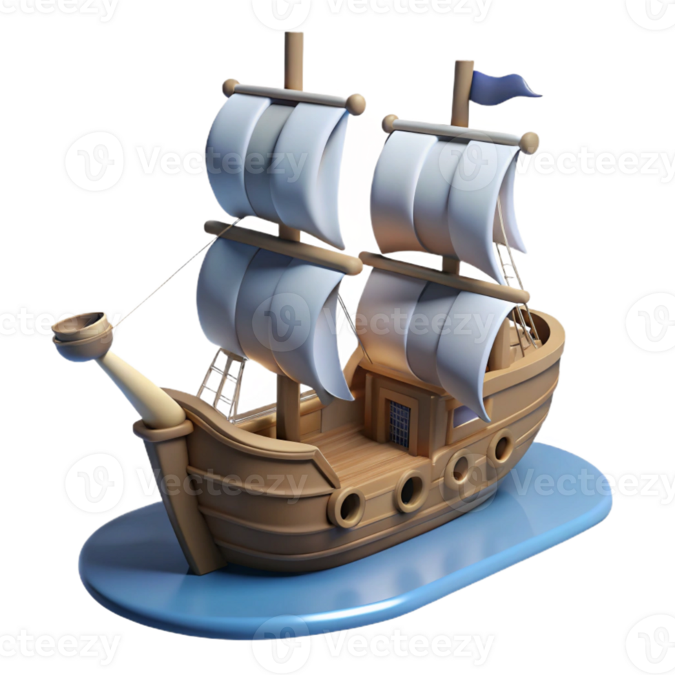 vibrant abstract Cartoon Wooden Sailing Ship 3D Render premium png