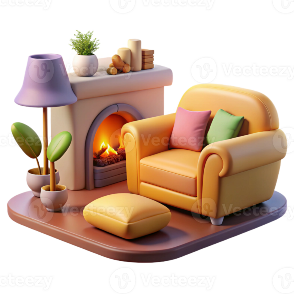 impressive vintage Cozy 3D Render of Fireplace and Armchair authentic png