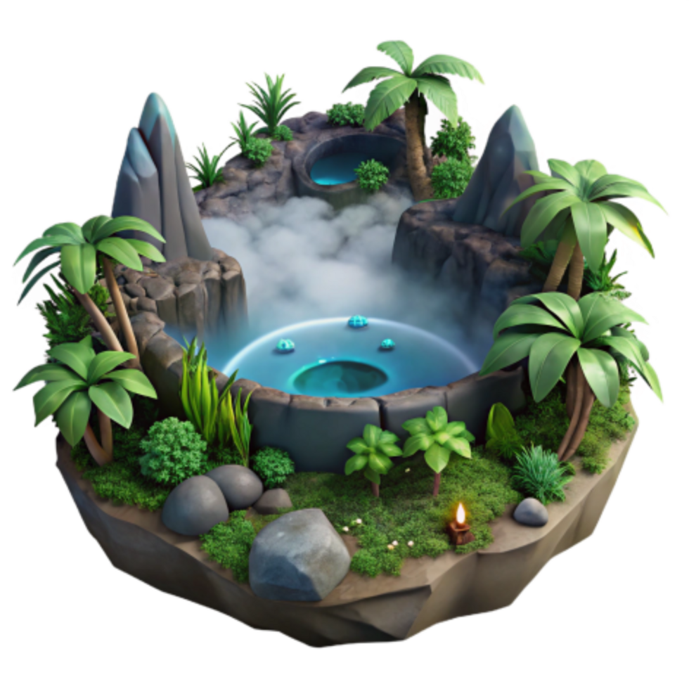 vibrant modern Mystical Island Oasis Geothermal Spring Lush Flora high resolution png