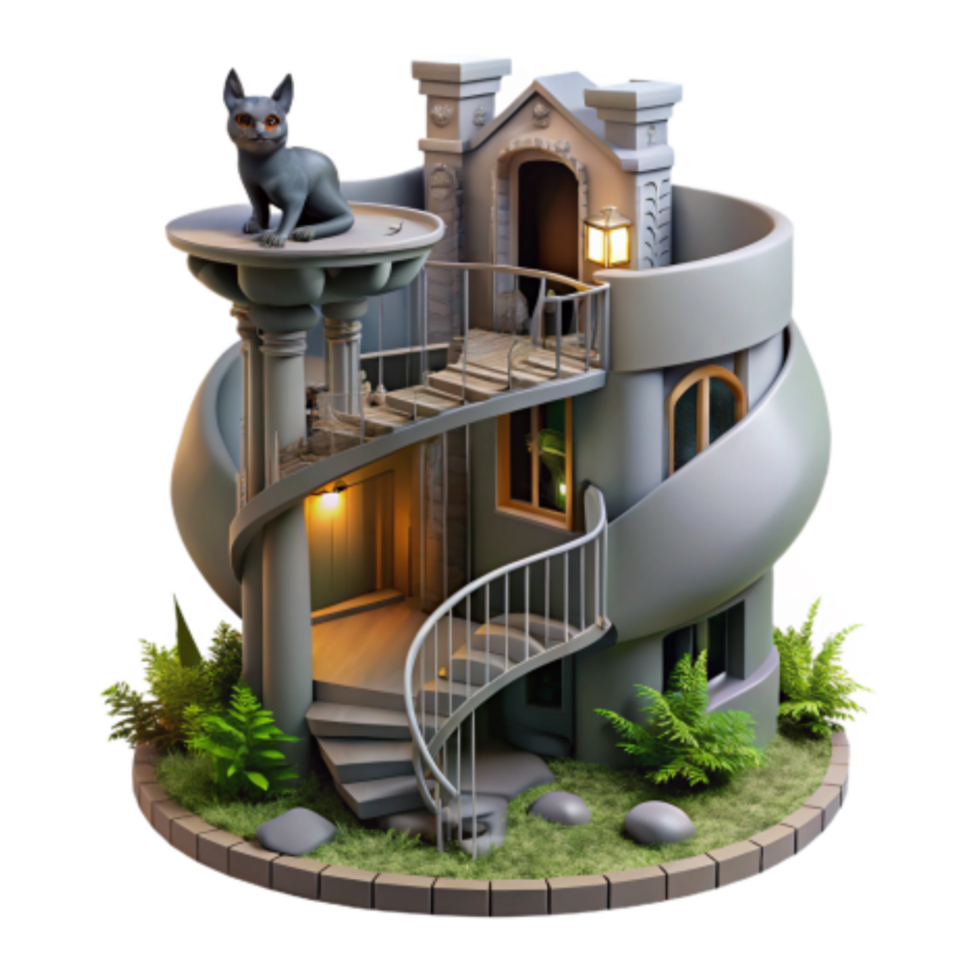 beautiful vintage Whimsical Spiral Cat House 3D Render exclusive png