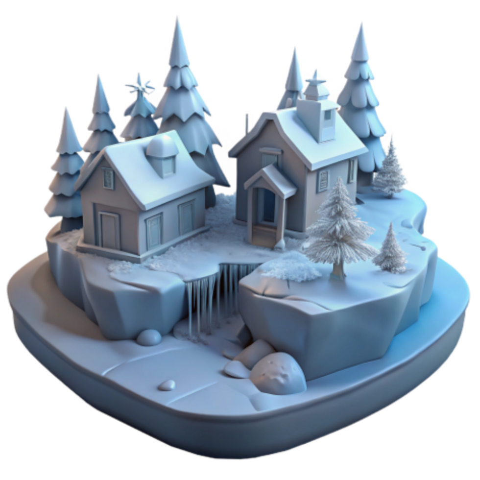 beautiful vintage Winter Village Scene Snowy Cottages, Frozen Waterfall, Pine Trees high resolution png