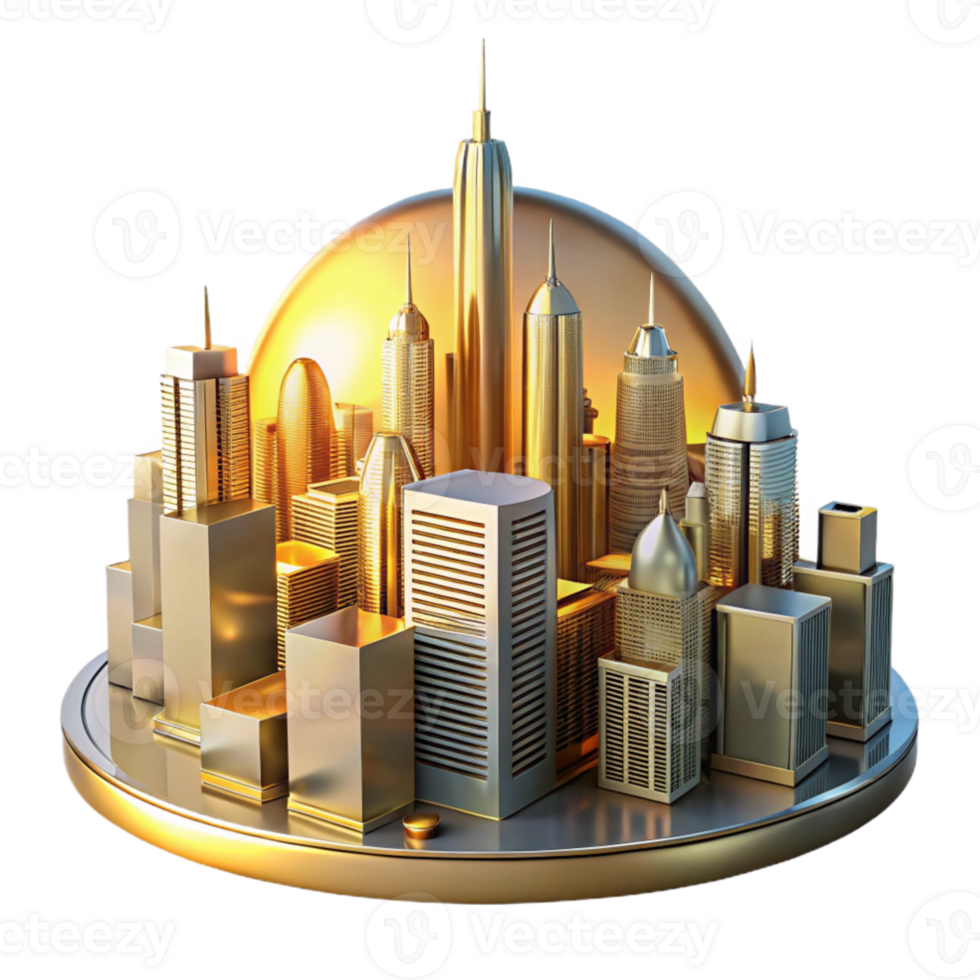 beautiful contemporary Golden Cityscape 3D Render high resolution png