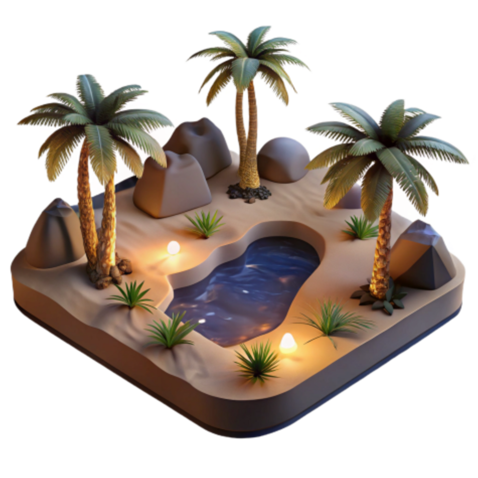 extraordinary minimalist Serene Oasis Palm Trees, Rocks, and Pond 3D Render original png