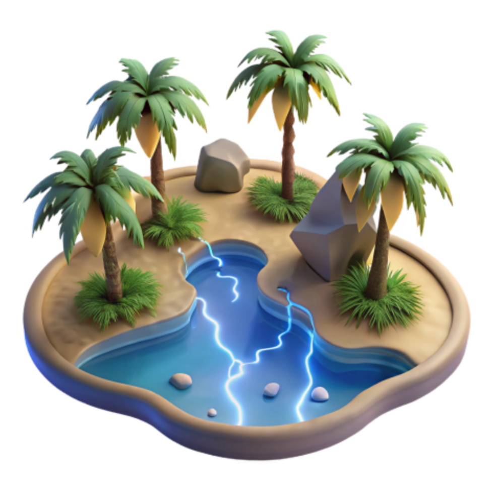 vibrant contemporary Oasis Scene Palm Trees, Pool, Rocks, 3D Render genuine png