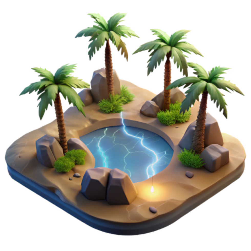 stunning classic Oasis Scene Palm Trees, Rocks, and Lightning Pool high resolution png