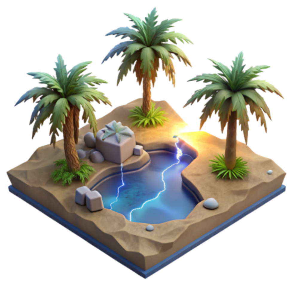 extraordinary contemporary Oasis Scene 3D Render of Desert Island with Palm Trees and Pool premium png