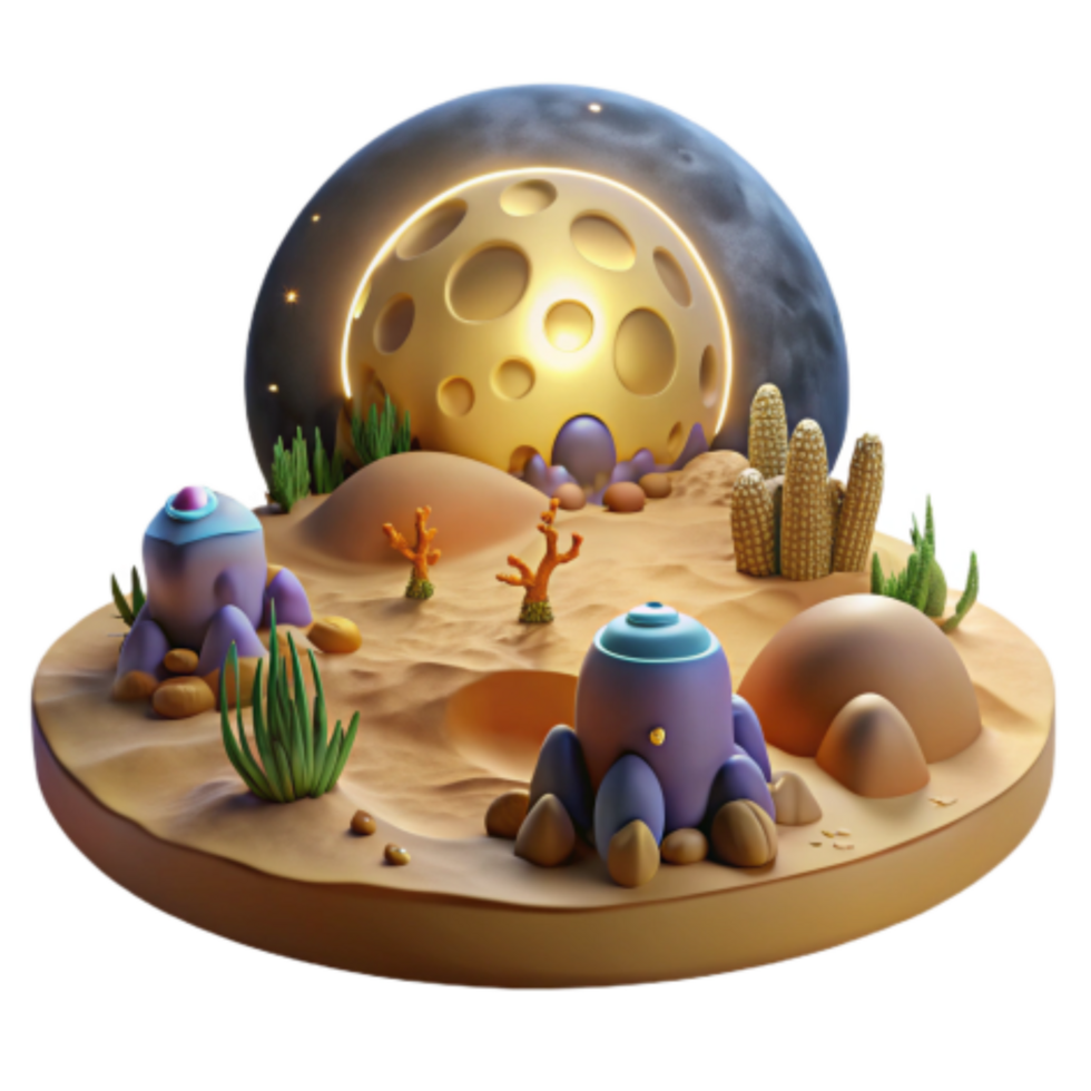 wonderful traditional Alien Desert Robots, Moon, and Plants 3D Render detailed png