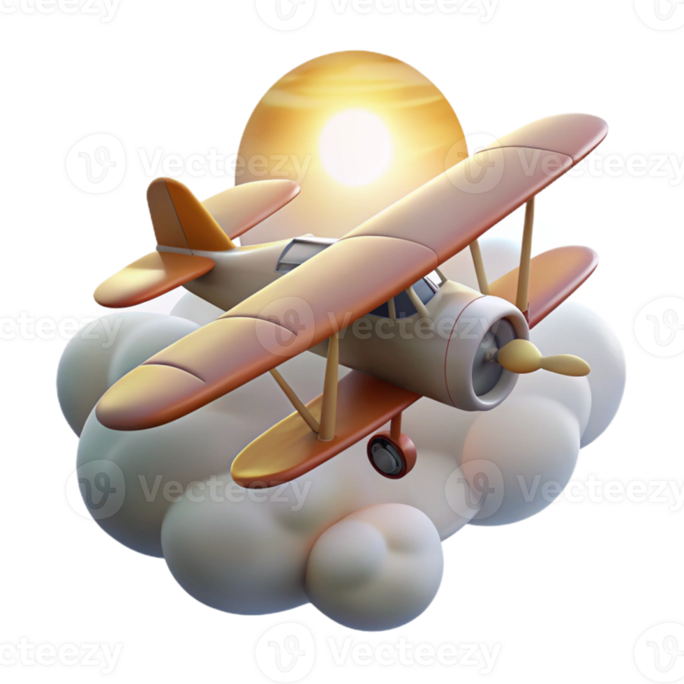 wonderful classic Vintage Biplane 3D Render in Clouds at Sunset high quality png