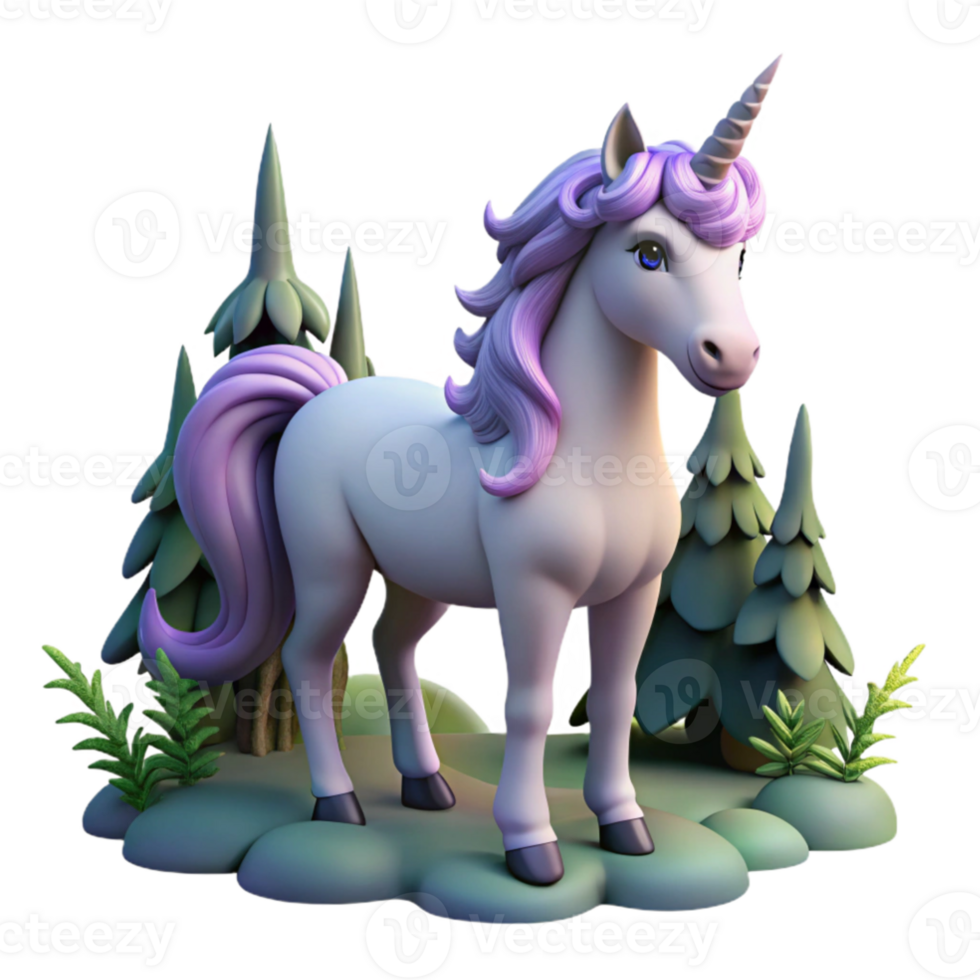 elegant modern Cute 3D Unicorn in Forest Illustration premium png