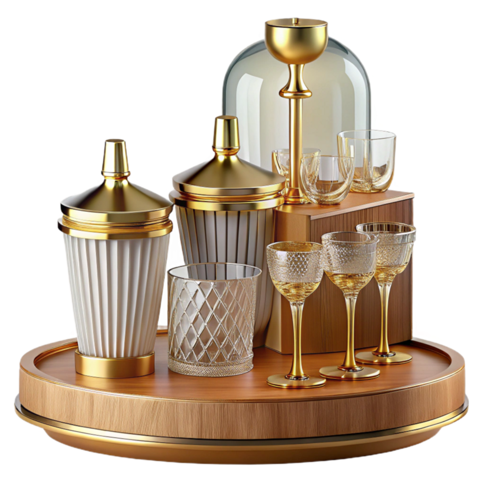 beautiful contemporary Elegant Gold White Barware Set on Wooden Tray 4K png
