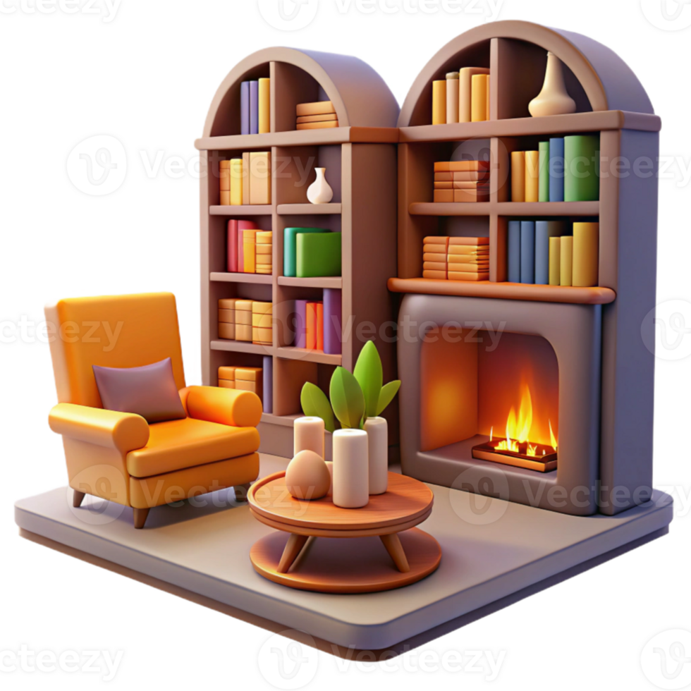serene abstract Cozy 3D Render of Living Room with Fireplace high quality png