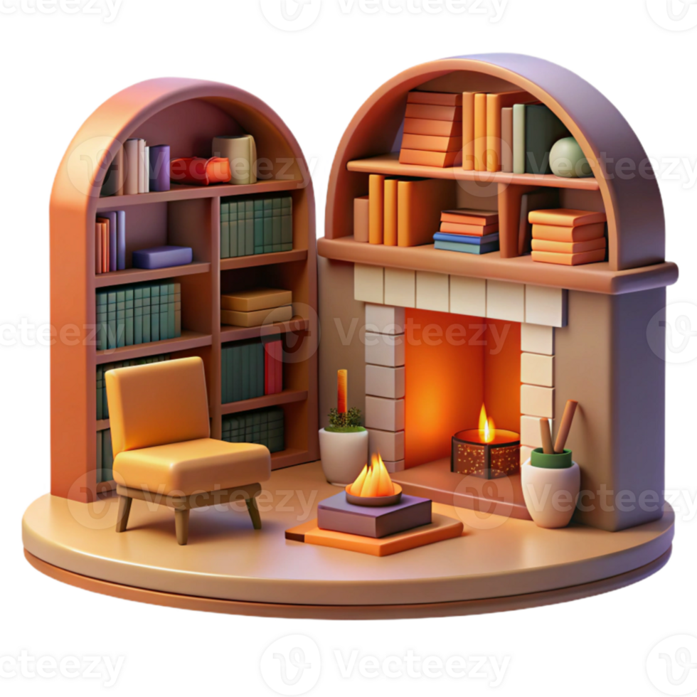 impressive vintage Cozy 3D Render of Fireplace and Bookshelves 4K png