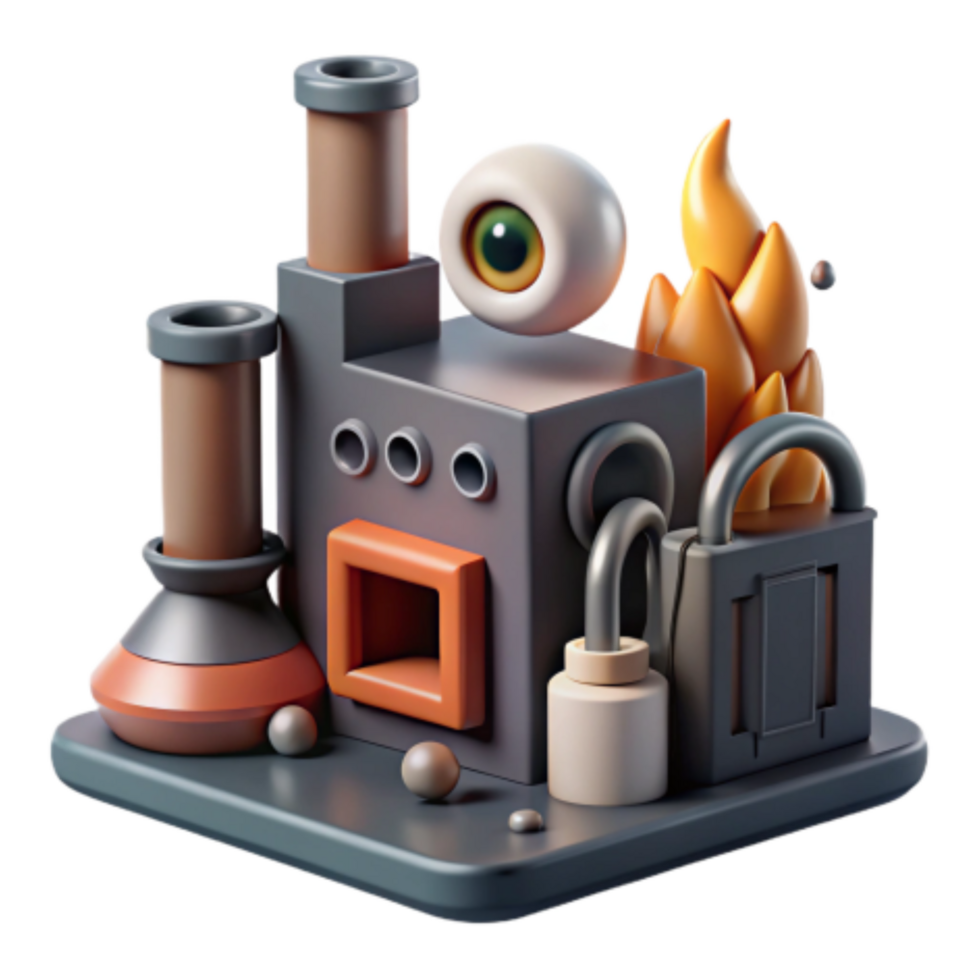 serene rustic Surreal 3D Factory Fire, Eye, and Security original png