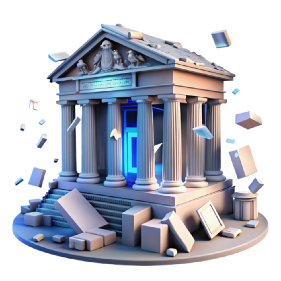 Ancient Ruins, Digital Portal, Crumbling Structure, Architectural Collapse, Neoclassical Temple, Digital Transformation, Destruction, Decay, Modern vs. Ancient, Ruins and Technology png