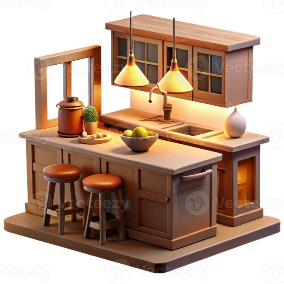 serene artistic Cozy 3D Kitchen Island Render high quality png