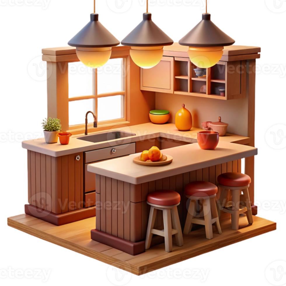 vibrant vintage Cozy 3D Kitchen Illustration detailed png