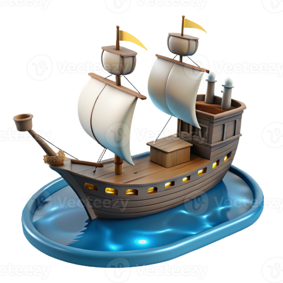 elegant vintage 3D Cartoon Galleon Ship Illustration high resolution png