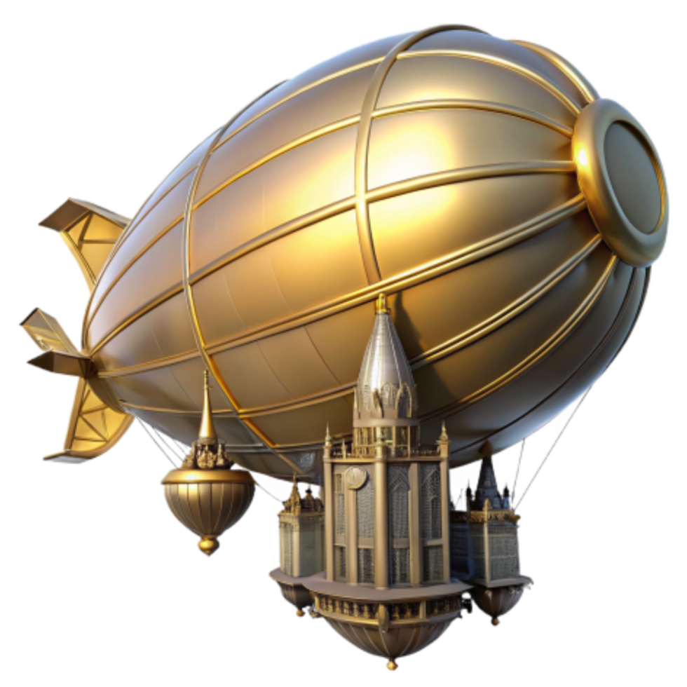 impressive traditional Golden Airship Steampunk City in the Sky high resolution png
