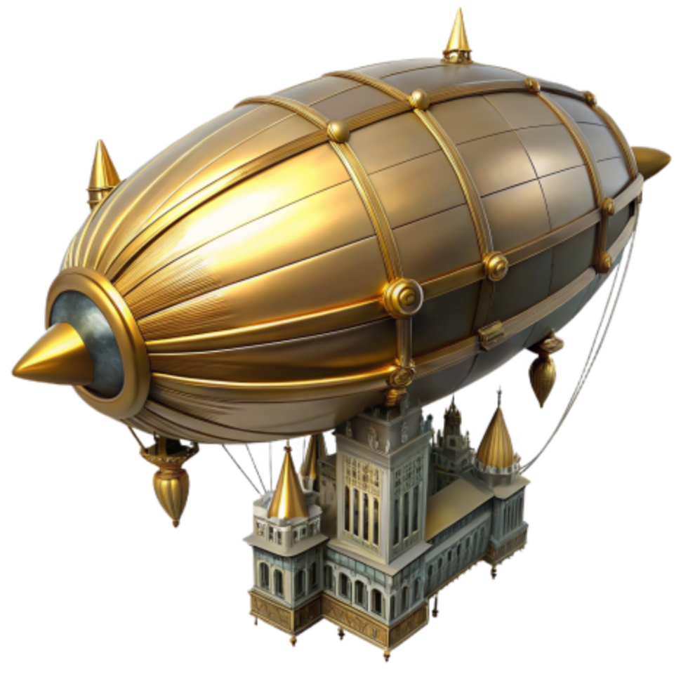 stunning rustic Golden Airship Above Castle Steampunk Fantasy Artwork genuine png