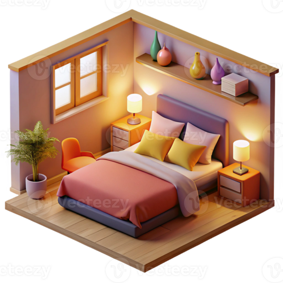 serene creative Cozy 3D Bedroom Illustration detailed png