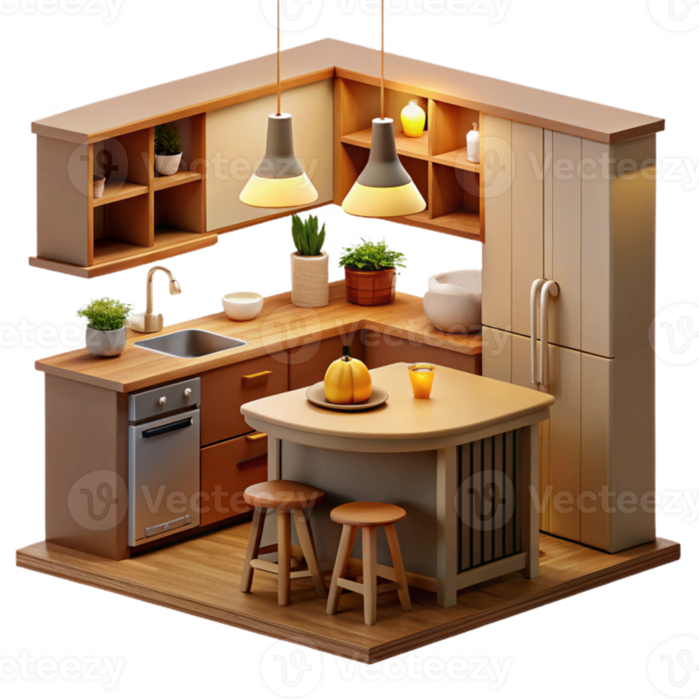 impressive contemporary Cozy Kitchen 3D Isometric Illustration high resolution png