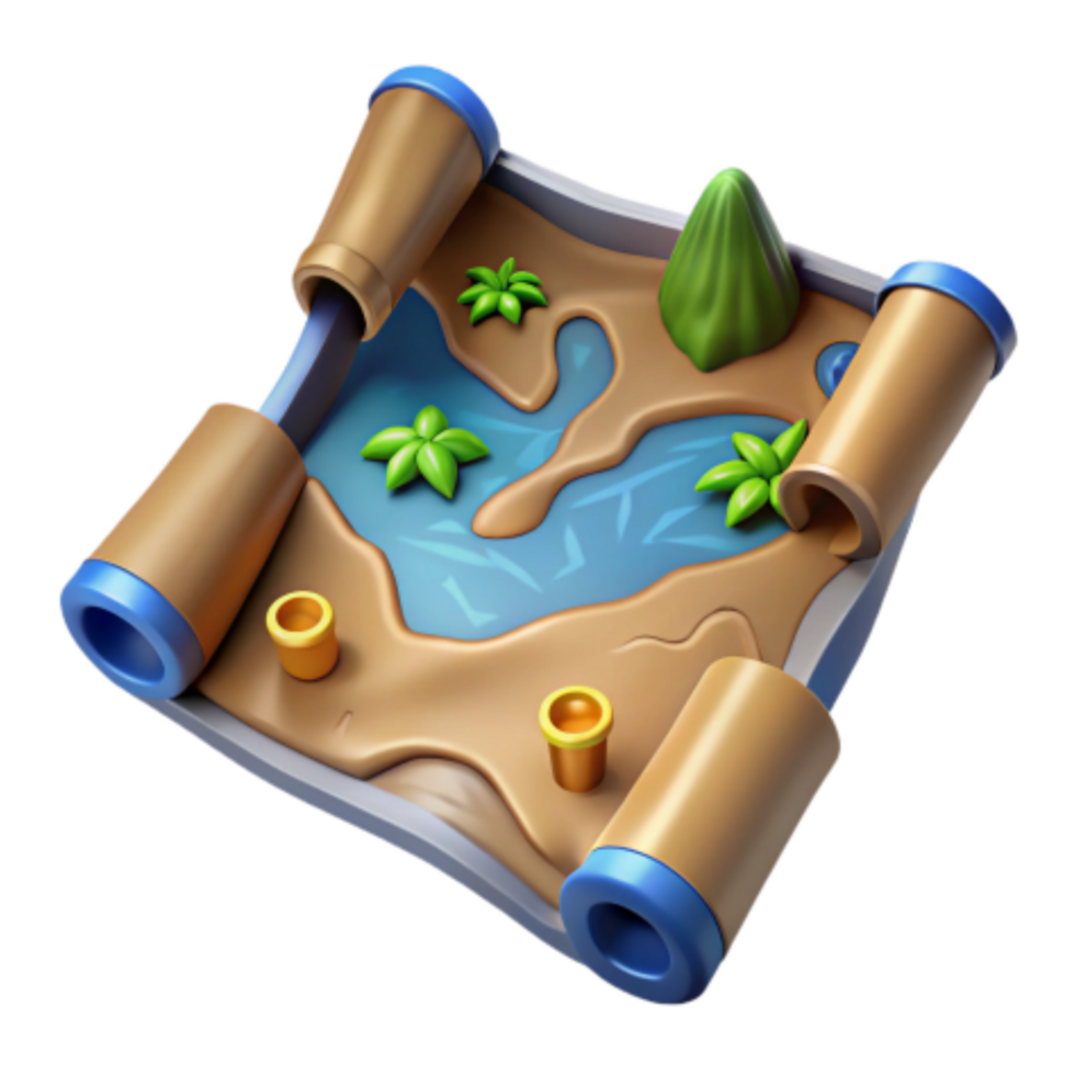 impressive contemporary Cartoon Treasure Map 3D Scroll with River, Plants Hills original png