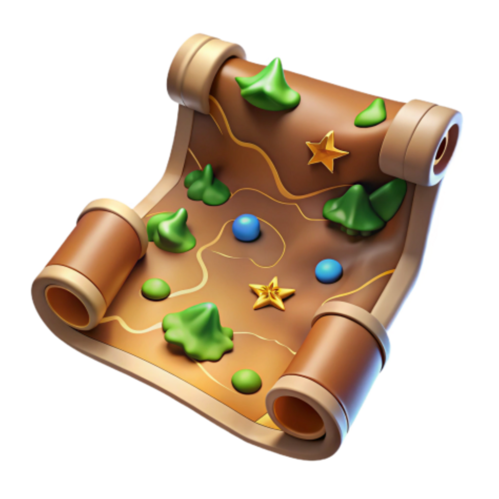extraordinary modern Cartoon Treasure Map 3D Render of Rolled Scroll 4K png