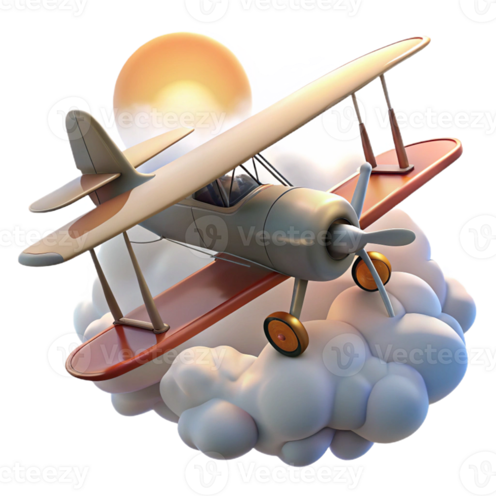 beautiful classic Vintage Biplane 3D Render in Clouds authentic png