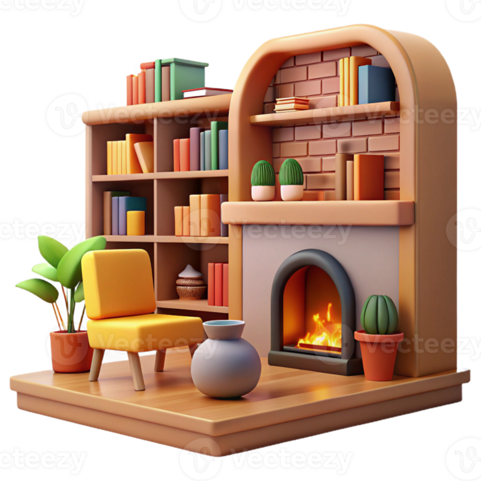impressive creative Cozy 3D Fireplace Room Illustration high resolution png