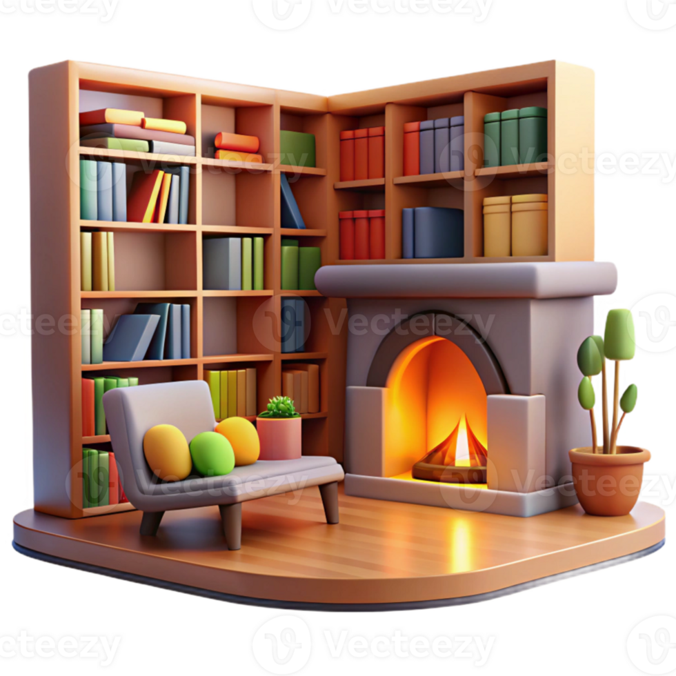 dramatic contemporary Cozy 3D Render Library Fireplace Room genuine png