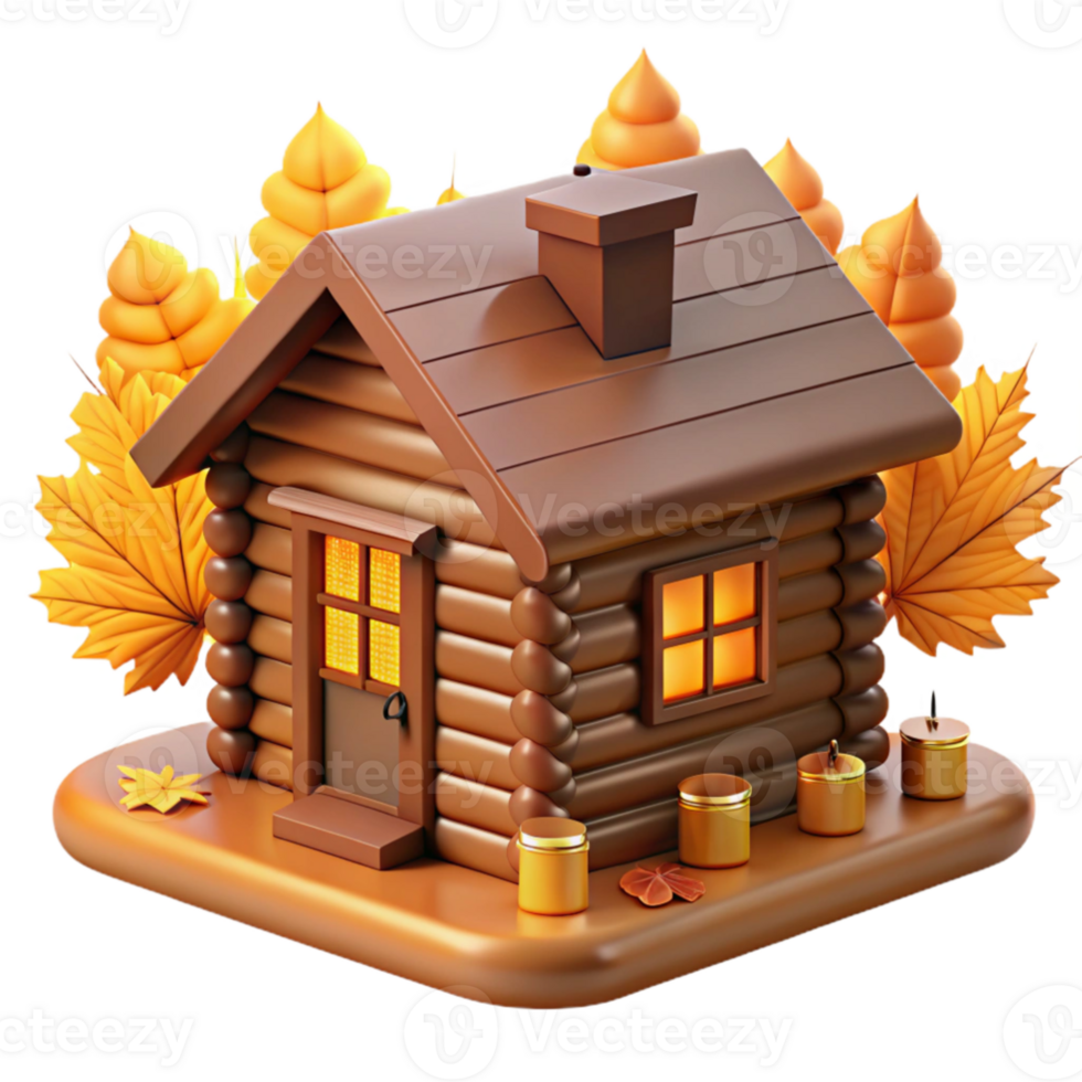 serene abstract Autumn Log Cabin 3D Render detailed png