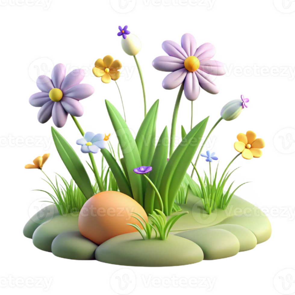 impressive modern 3D Cartoon Spring Flowers and Egg Illustration detailed png
