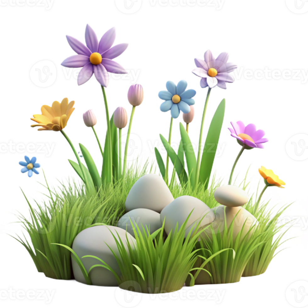 extraordinary modern 3D Spring Flowers and Rocks Illustration authentic png