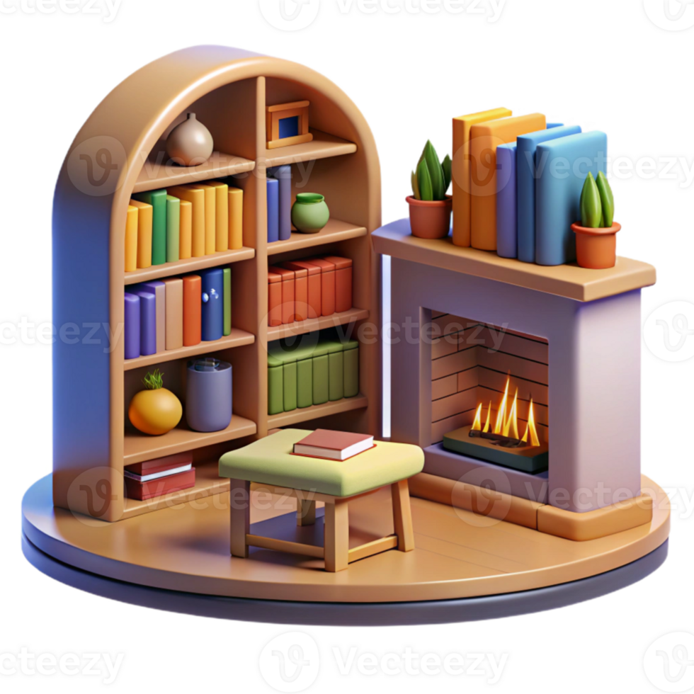 magnificent classic Cozy 3D Render of Fireplace and Bookshelf high resolution png