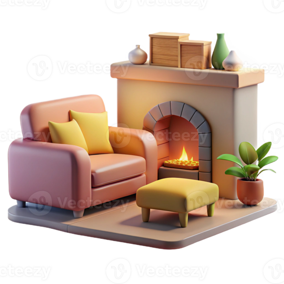 beautiful classic Cozy 3D Render of Fireplace and Armchair high resolution png