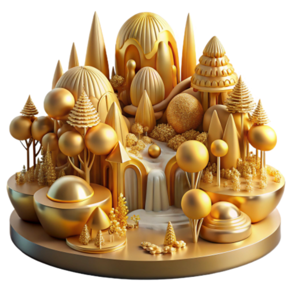 wonderful minimalist Golden Fantasy Landscape 3D Render of Architectural Wonders detailed png