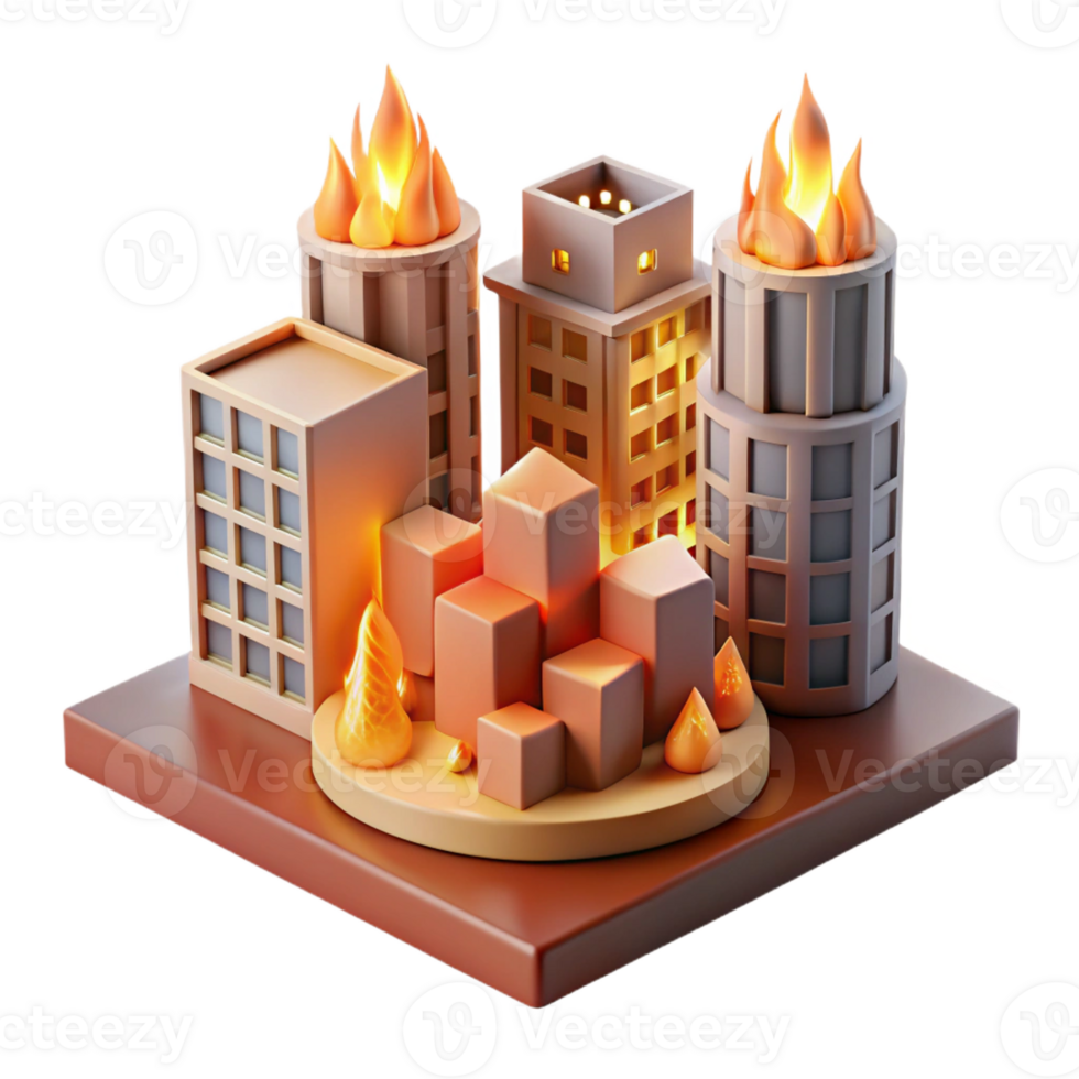 extraordinary vintage 3D Cityscape Illustration Burning Buildings and Abstract Flames high resolution png