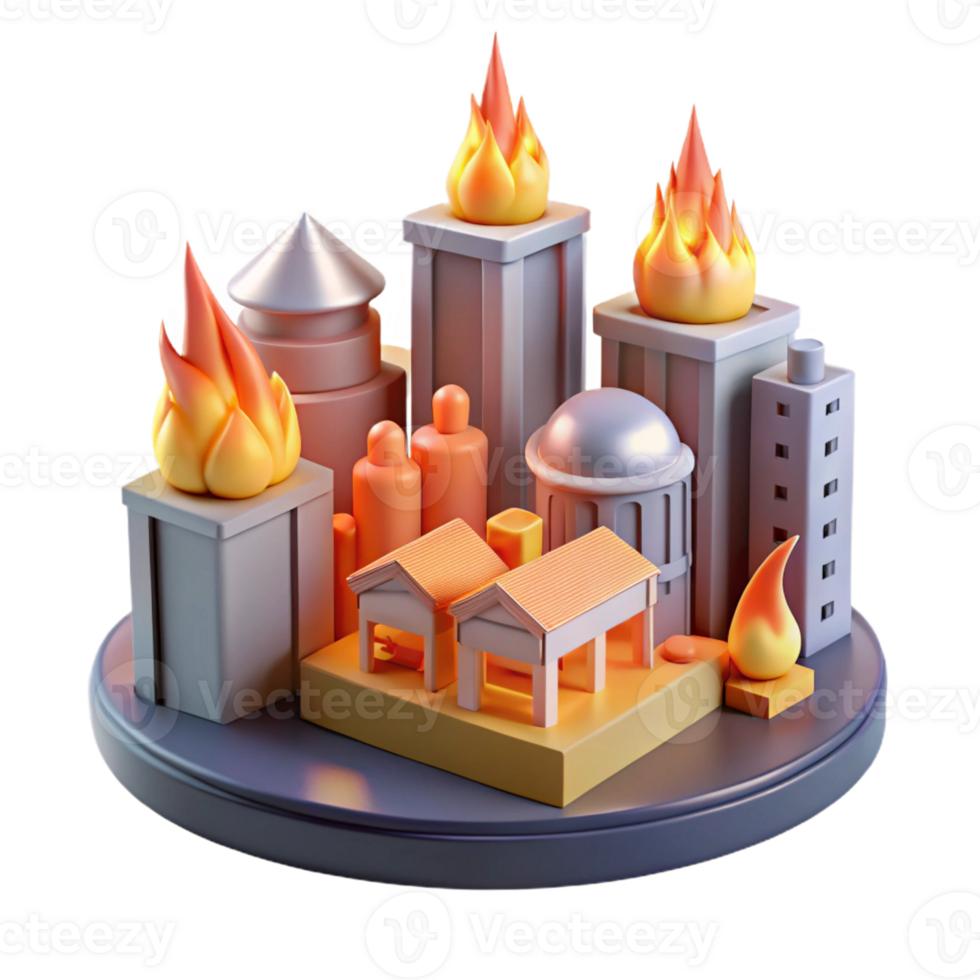 vibrant classic 3D Cityscape Illustration Burning Buildings high resolution png