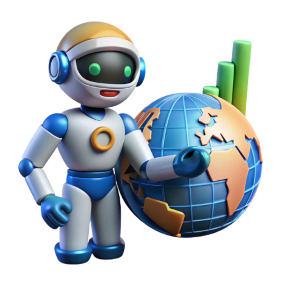 serene contemporary Robot and Global Growth AI-Powered World Market Analysis detailed png