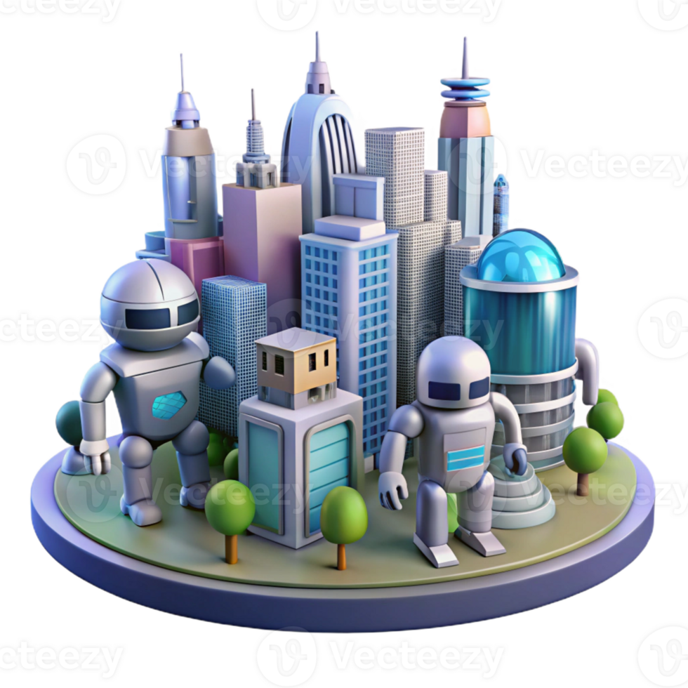 extraordinary creative 3D Cityscape with Robots Illustration high resolution png